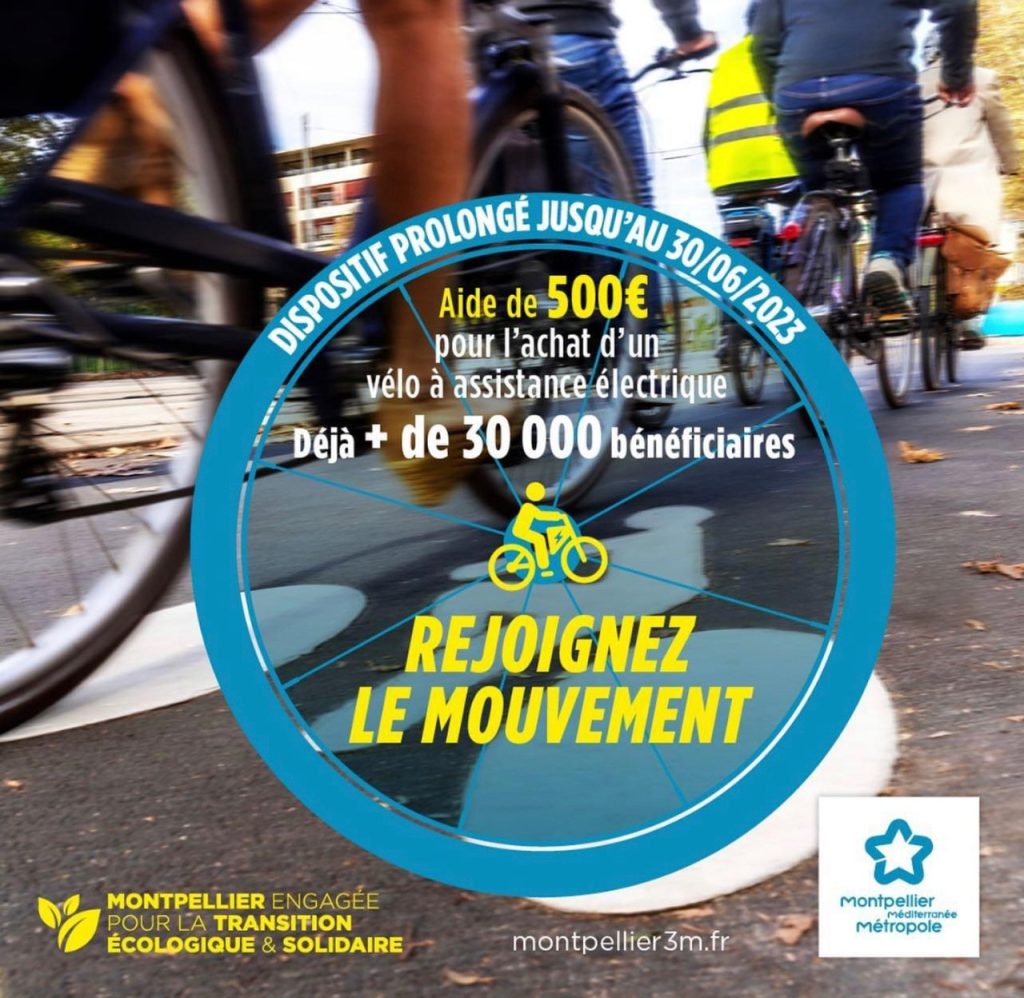 Prolongation de l'aide pour l'achat d'un vélo électrique de la métropole de Montpellier en 2023. (aide de 500€)
Aides pour l'achat d'un vélo électrique Montpellier